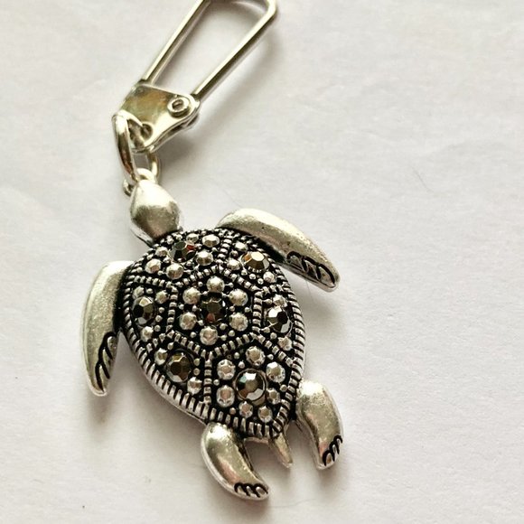Marcasite Crystal Turtle Keychain Zipper Pull Purse Charm Backpack Silver Plated - Picture 1 of 8
